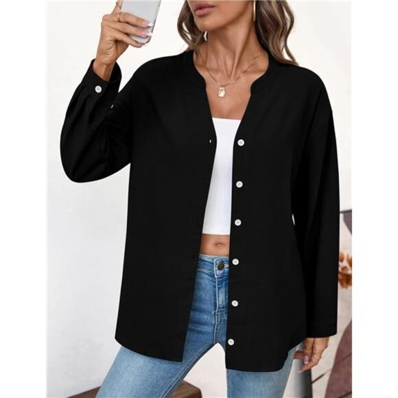 🌸 Women’s Cotton Button Down Shirt – Long Sleeve V-Neck Blouse - Picture 1 of 6
